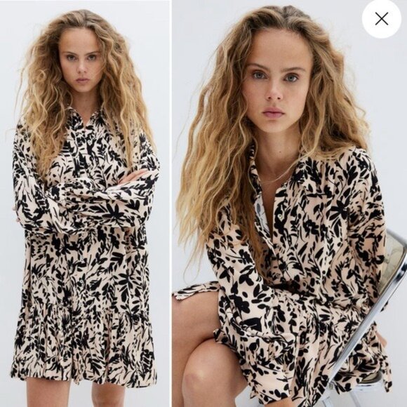 NWT H&M pink black floral print button front long sleeve shirt dress XS - Picture 12 of 12